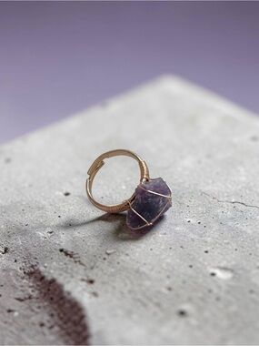 AMETHYST natural raw cut wire wrapped stone adjustable gold tone ring NEW